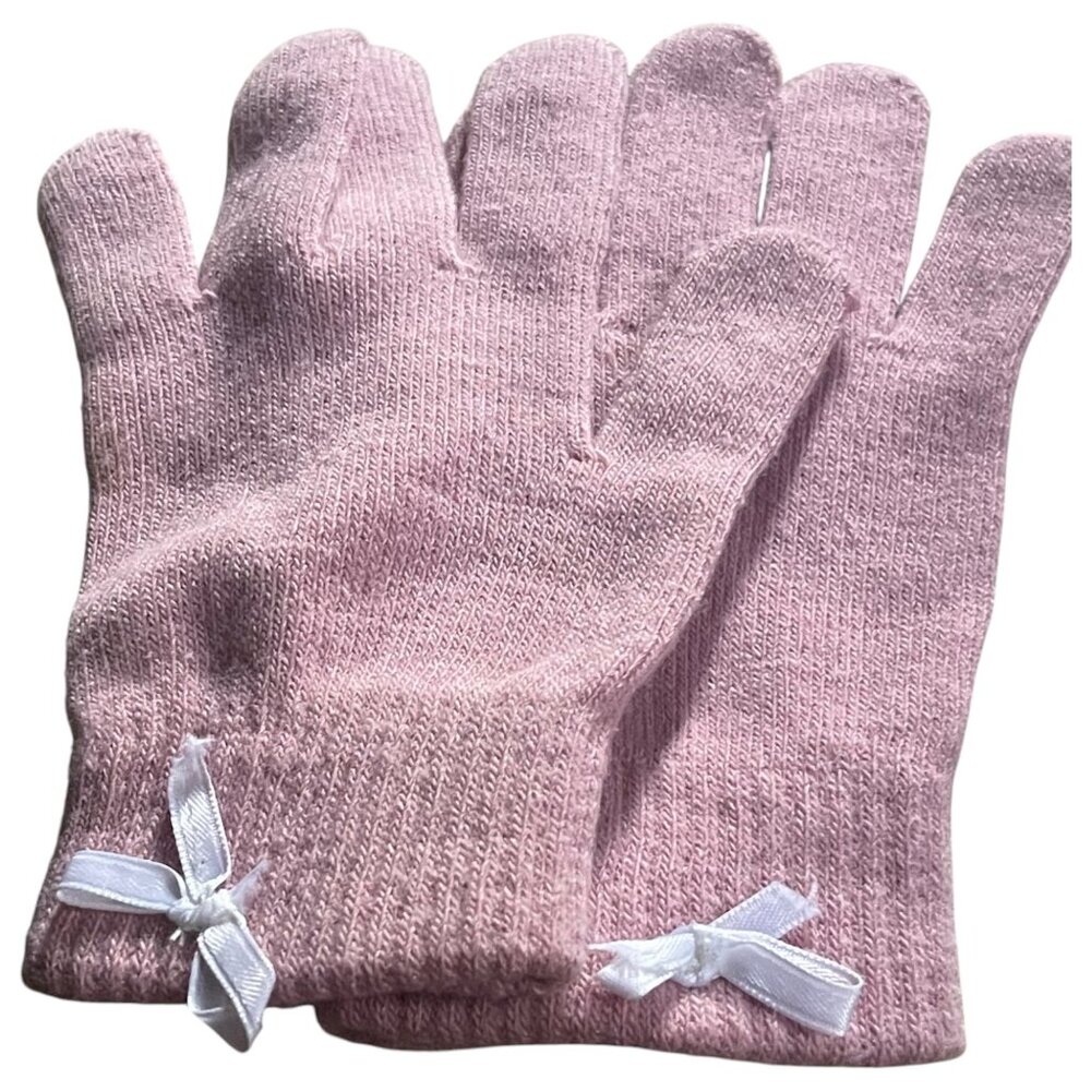 Soft Dusty Pink Knit Gloves Mittens w/White Bow Accent | One Size | Cozy Winter